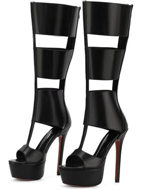 FancyQueen Platform Knee High Sandals, Gladiator Open Toe Summer Booties Black